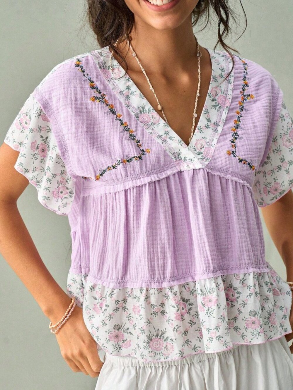 Purple Boho Women's French V-Neck Blouse - Picture 6 of 8